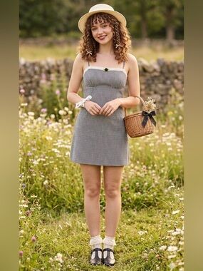 NWT Gingham Mini Dress Lace Trim Rosette Coquette Cottagecore Twee Summer M